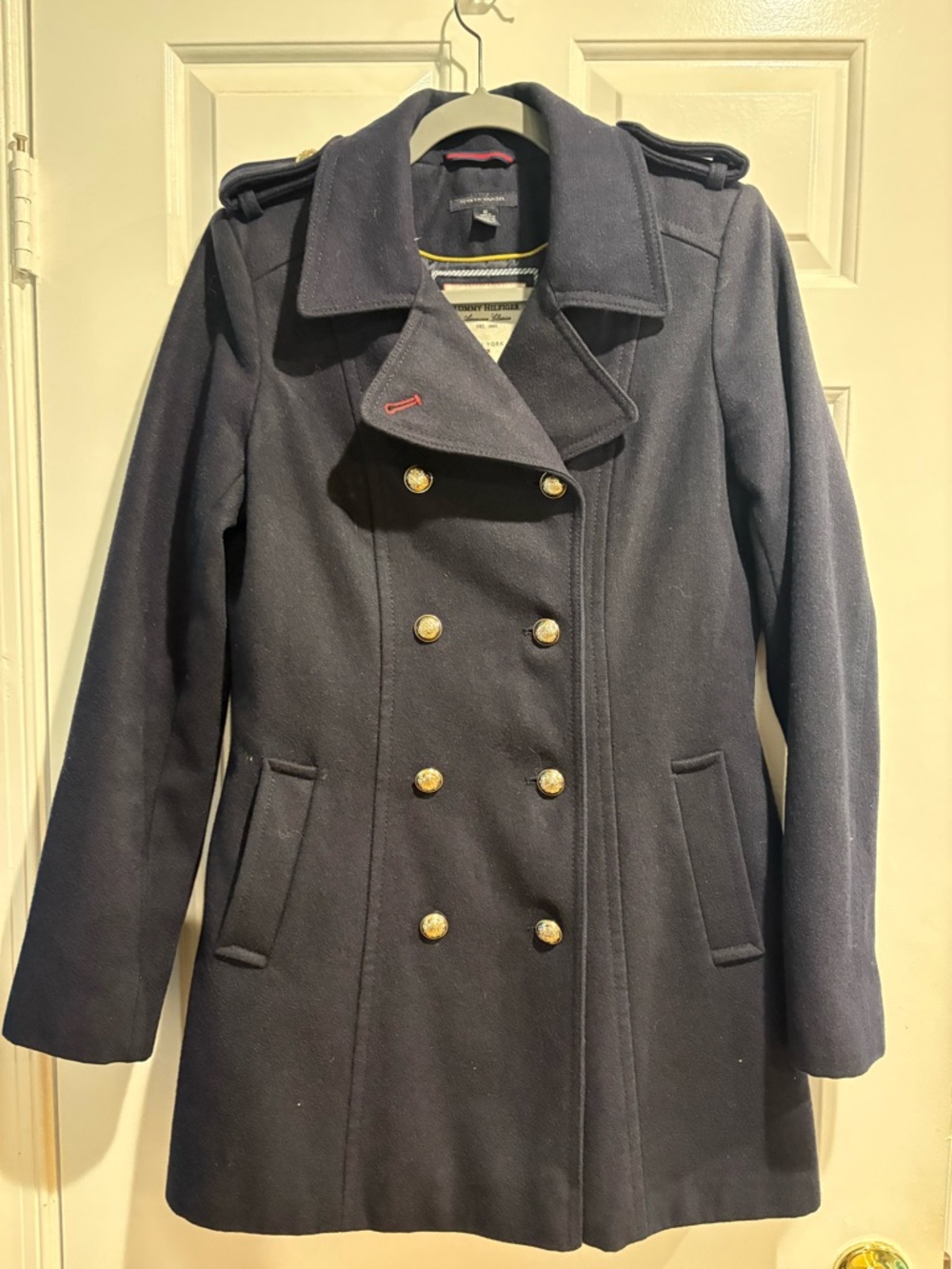 Tommy Hilfiger pea coat navy blue double breasted gold buttons military sz 10 M